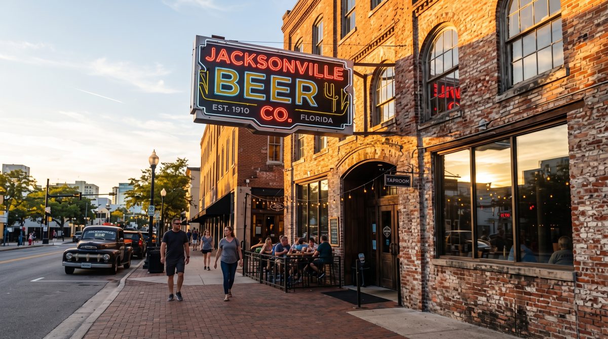 A vintage neon sign glows outside a historic brick building in Jacksonville, honoring local brands like the original Jax Beer that trace their roots back to Northeast Florida.