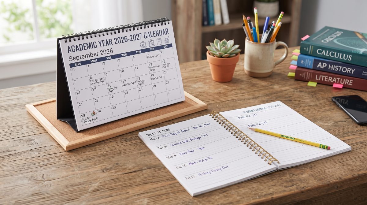 A desk setup featuring an academic calendar and student planner for the 2026–27 school year.